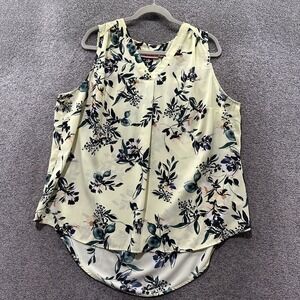 Evri Tank Top Blouse Women 1X Yellow Floral V‎ Neck Lightweight Polyester